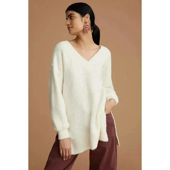 Anthropologie Pilcro Ivory Teddy V-neck Oversized Tunic Sweater S - Picture 1 of 10